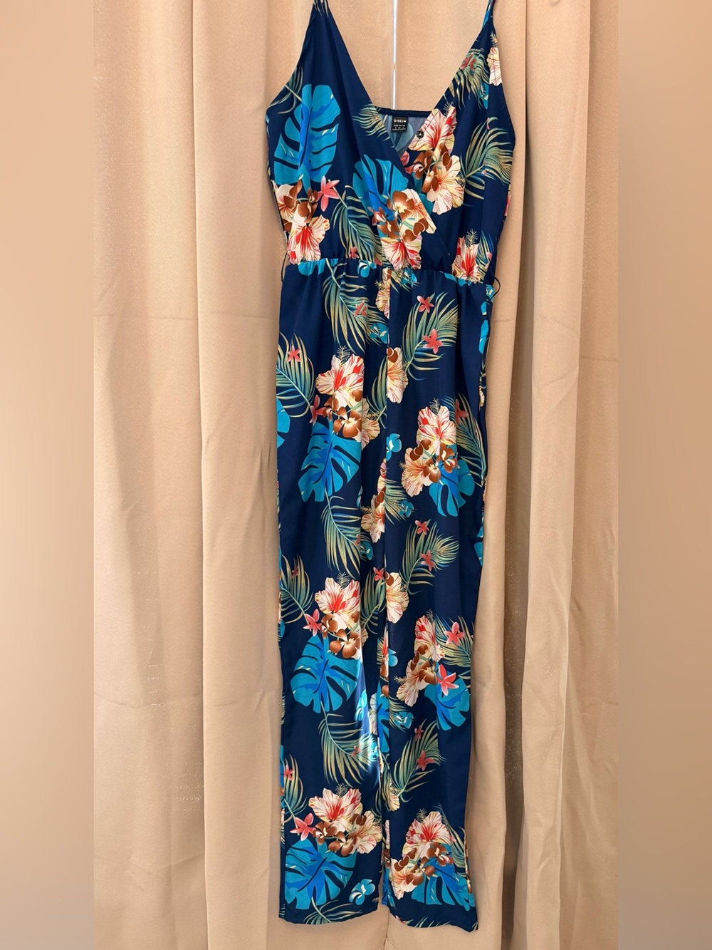 SHEIN Navy Tropical Floral One-Piece Romper with Blue & Coral Accents